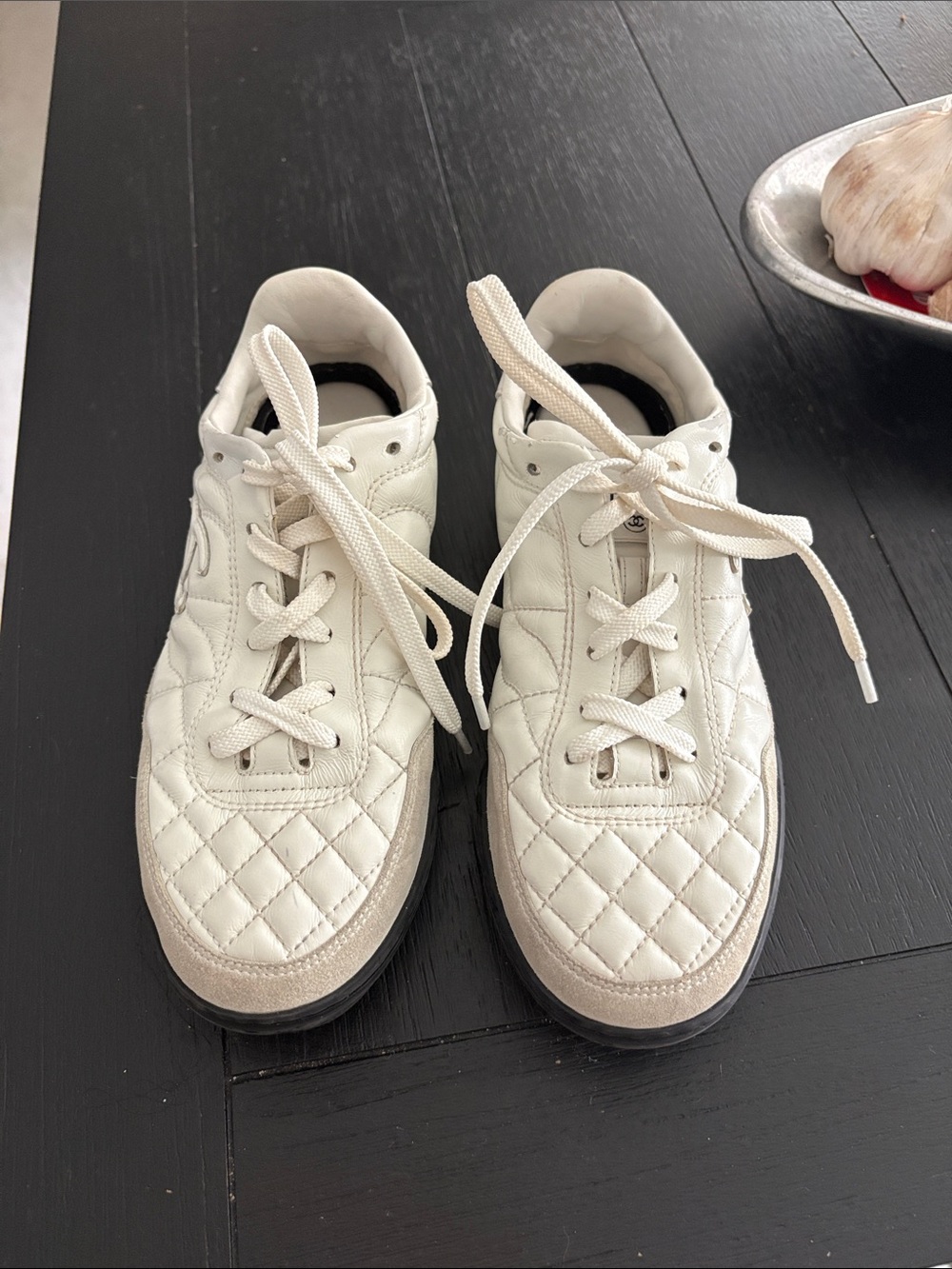 CHANEL Quilted Lace-Up Sneakers in White- AUTHENTIC